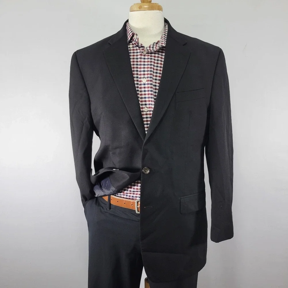 Chaps Men's Sport Coat Blazer Two Button Solid‎ Black Twill Wool Size 42L